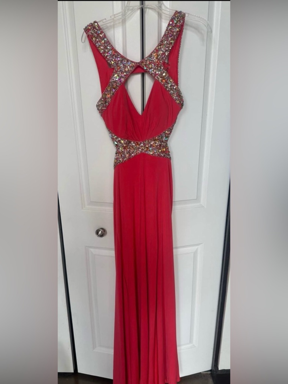 Red Evening Gown with Embellished Waist